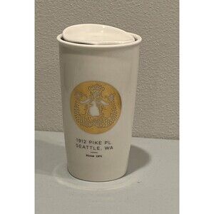Starbucks Gold Mermaid 1912 Pike PL. Ceramic Travel 12 Oz Tumbler NWOB
